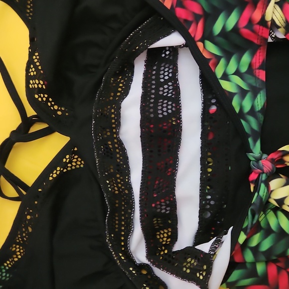 Reggae Style, Red, Green, Black, Gold V-Neck 1 Piece Swimsuit - Picture 6 of 9